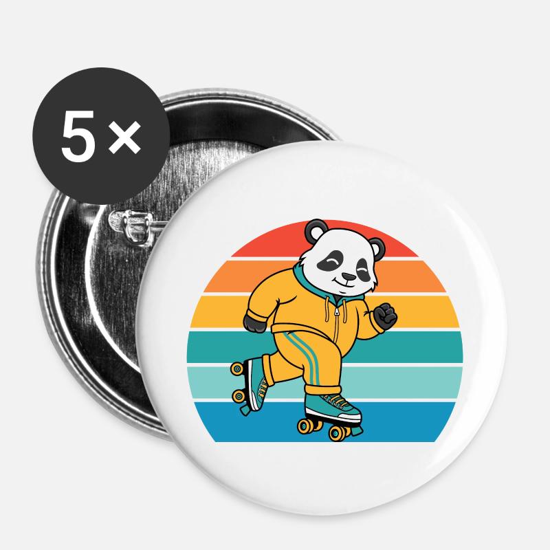 Retro Panda sur des patins à roulettes - Lot de 5 petits badges (25 mm) - blanc