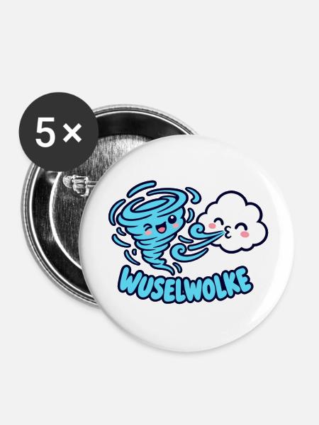 Wuselwolke – Lustiges Wind & Wolken Kinder Motiv - Buttons klein 25 mm (5er Pack) - Weiß