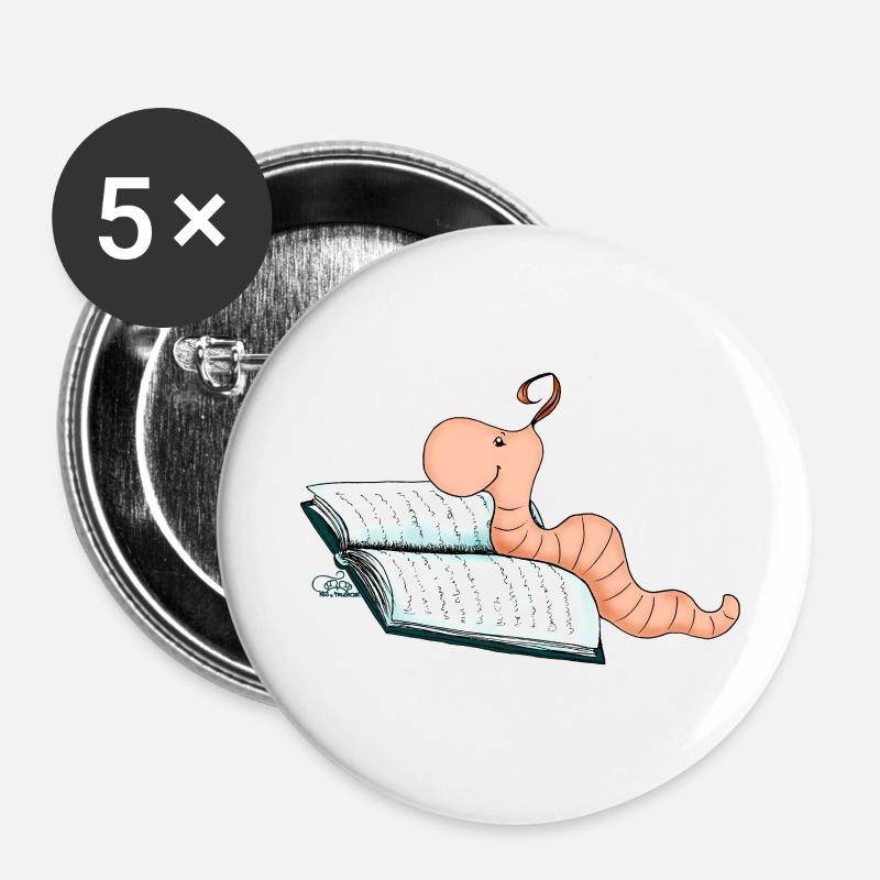 Bücherwurm Willi - Buttons klein 25 mm (5er Pack) - Weiß