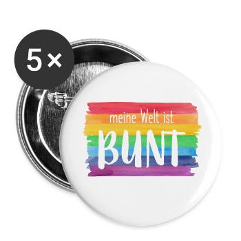 Meine Welt ist bunt Regenbogen fröhlich farbenfroh - Buttons klein 25 mm (5er Pack) - Weiß - Vorne