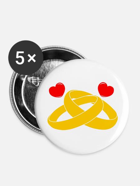 Goldene Eheringe mit Herzen - Buttons klein 25 mm (5er Pack) - Weiß