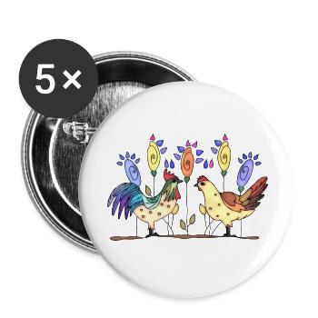 Coq et poule - Lot de 5 petits badges (25 mm) - blanc - Devant