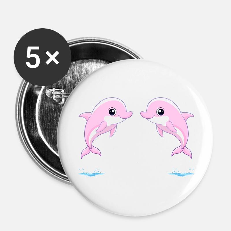 Two baby pink twin dolphins, jumping joyfully - Buttons small 1''/25 mm (5-pack) - white