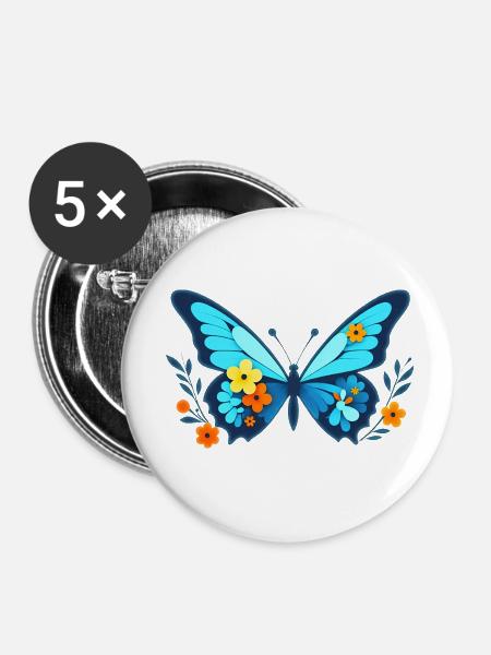 Falter mit Blumen - Buttons klein 25 mm (5er Pack) - Weiß