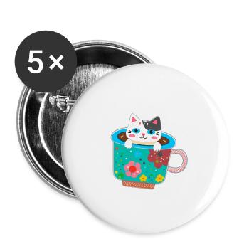Cat, coffee cup, colorful, illustration, mug - Buttons small 1''/25 mm (5-pack) - white - Front