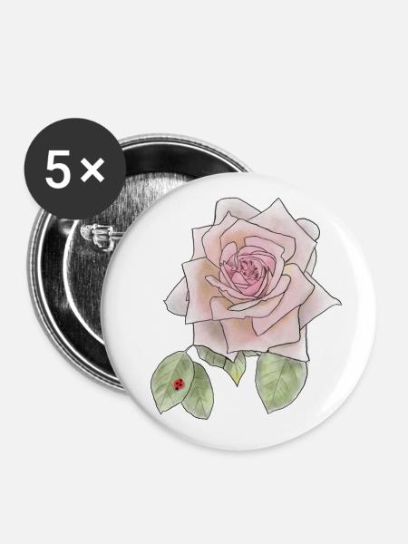 Rose und Marienkäfer - Buttons klein 25 mm (5er Pack) - Weiß