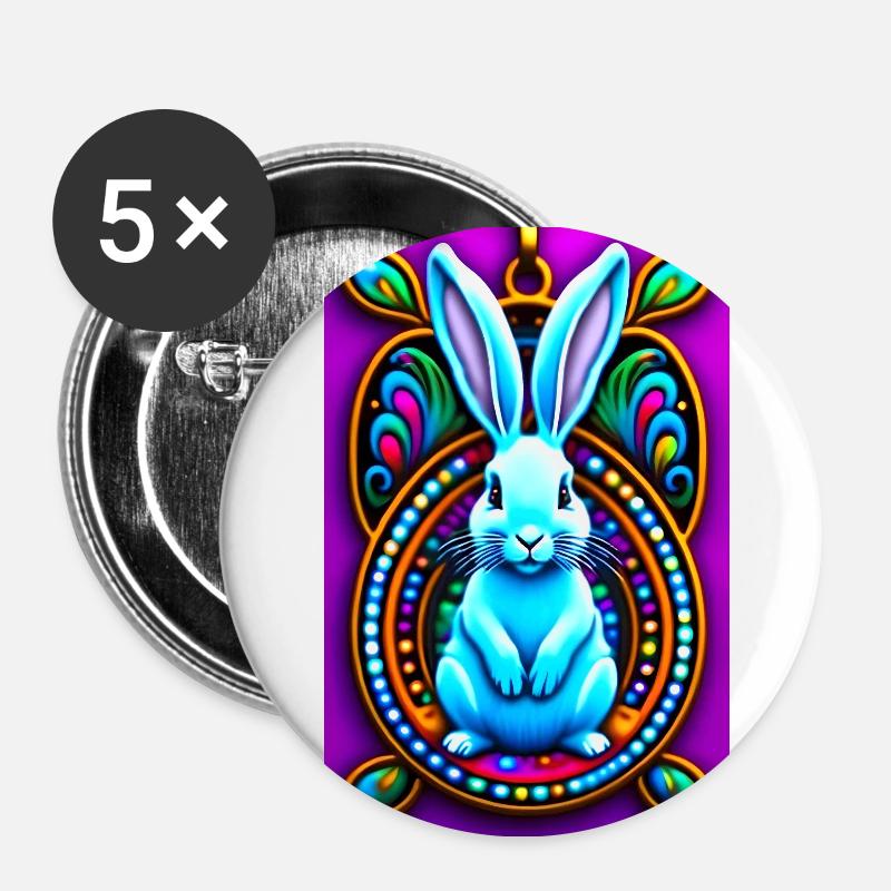 Lapin de Pâques psychédélique - Lot de 5 petits badges (25 mm) - blanc