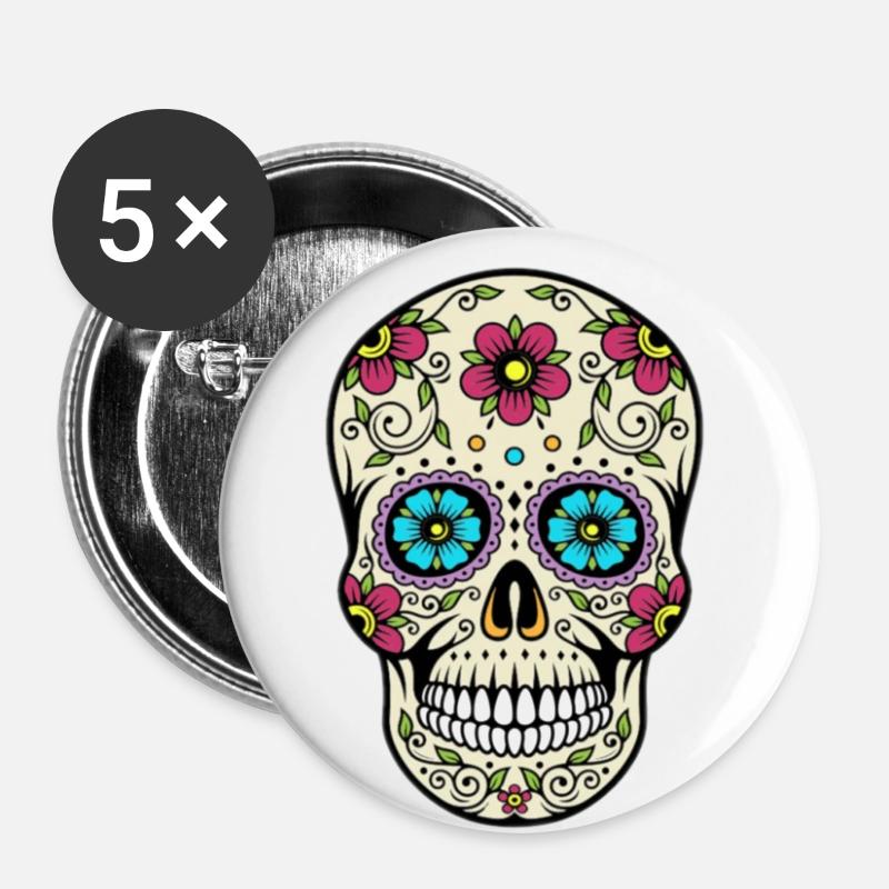 Mexikanischer Todeskopf - Buttons klein 25 mm (5er Pack) - Weiß