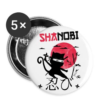 Funny Cat, Shanobi Funny Ninja Shinobi Cat - Buttons small 1''/25 mm (5-pack) - white - Front