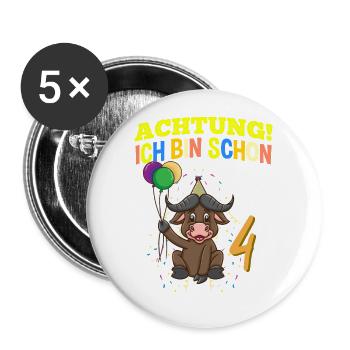 Achtung Ich Bin Schon 4 Geburtstag Büffel Bison - Buttons klein 25 mm (5er Pack) - Weiß - Vorne