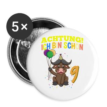 Achtung Ich Bin Schon 9 Geburtstag Büffel Bison - Buttons klein 25 mm (5er Pack) - Weiß - Vorne