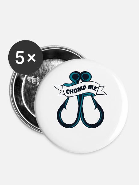 Chomp Me Fliegenfischer Spinnfischer - Buttons klein 25 mm (5er Pack) - Weiß