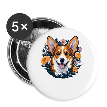 Chien Corgi mignon avec des fleurs Corgi Dogs - Lot de 5 petits badges (25 mm) - blanc - Devant