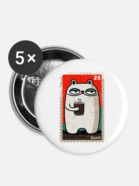 Kaffee-Katze als Comic-Briefmarke - Buttons klein 25 mm (5er Pack) - Weiß