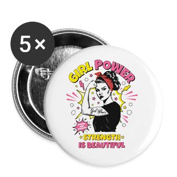 Femme Pop Art Girl Power Girl Power Girl Strong - Lot de 5 petits badges (25 mm) - blanc - Devant