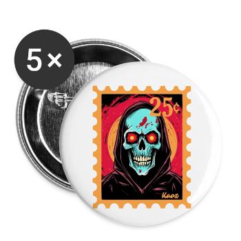 Leuchtender Totenkopf mit Kapuze auf Briefmarke - Buttons klein 25 mm (5er Pack) - Weiß - Vorne