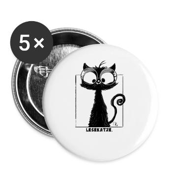 Niedliche Schwarze Katze mit Brille "Lesekatze" - Buttons klein 25 mm (5er Pack) - Weiß - Vorne