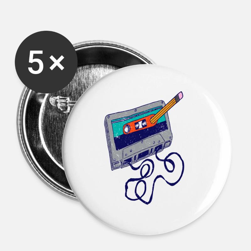 Cassette and pencil funny design - Buttons small 1''/25 mm (5-pack) - white
