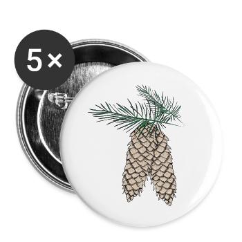 zwei Tannenzapfen an Tannenzweige - Buttons klein 25 mm (5er Pack) - Weiß - Vorne
