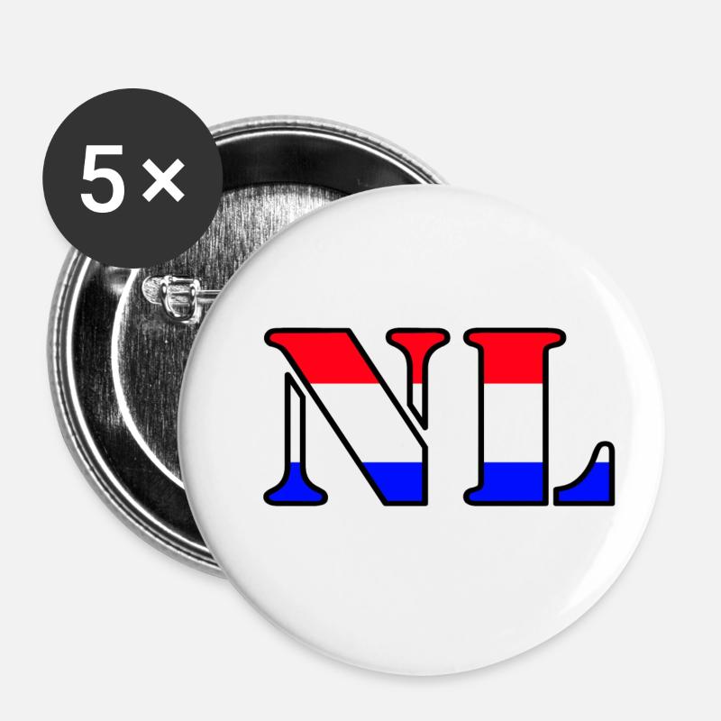 NL, Pays-Bas ... / + - Lot de 5 petits badges (25 mm) - blanc