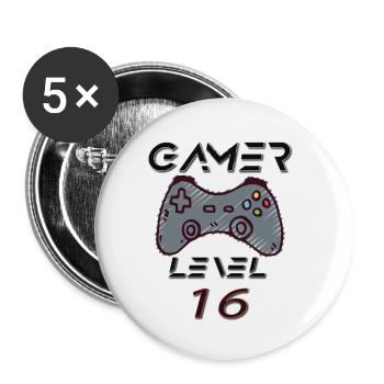 Gamer T-Shirt 16 Jahre alt – Spiel Level abgeschlossen - Buttons klein 25 mm (5er Pack) - Weiß - Vorne