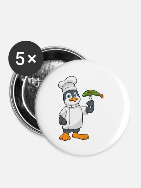 Pinguin Koch Fisch Kochen - Buttons klein 25 mm (5er Pack) - Weiß