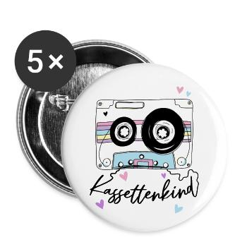 Kassettenkind 90er 80er Jahre Mottoparty Kassette - Buttons klein 25 mm (5er Pack) - Weiß - Vorne