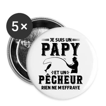 Papy Pêcheur Humour Fête des Grands Pères Noël - Lot de 5 petits badges (25 mm) - blanc - Devant