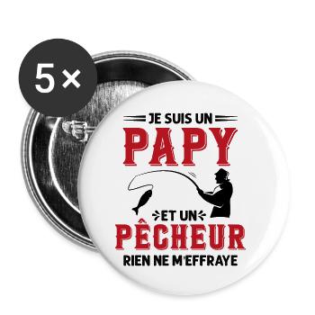 Papy Pêcheur Humour Fête des Grands Pères Noël - Lot de 5 petits badges (25 mm) - blanc - Devant