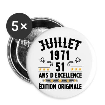 51 Ans Anniversaire Vintage Né(e) en Juillet 1971 - Lot de 5 petits badges (25 mm) - blanc - Devant