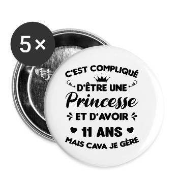 Princesse 11 Ans Anniversaire Idée Cadeau Licorne - Lot de 5 petits badges (25 mm) - blanc - Devant