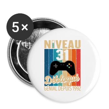 31 Ans 1992 Anniversaire Cadeau Citation Gamer - Lot de 5 petits badges (25 mm) - blanc - Devant