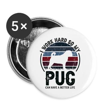 Travaillez dur - Retro Pug - Lot de 5 petits badges (25 mm) - blanc - Devant