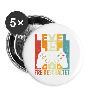 Level 15 Freigeschaltet Geburtstag Junge Mädchen - Buttons klein 25 mm (5er Pack) - Weiß - Vorne