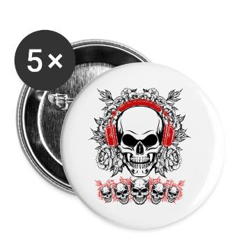Crâne Humain écoutant de La Musique avec des fleur - Lot de 5 petits badges (25 mm) - blanc - Devant