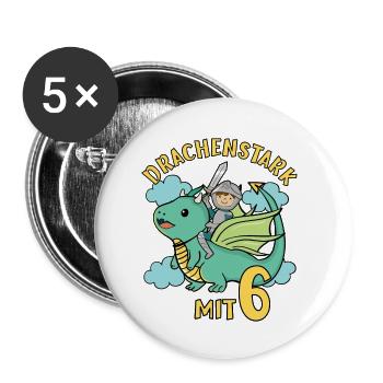 Ritter & Drache Geburtstagsmotiv 6 Jahre Jungen - Buttons klein 25 mm (5er Pack) - Weiß - Vorne