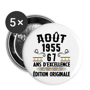 67 Ans Anniversaire Vintage Né(e) en Août 1955 - Lot de 5 petits badges (25 mm) - blanc - Devant