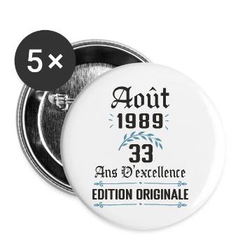33 ans anniversaire aout 1989 - Lot de 5 petits badges (25 mm) - blanc - Devant