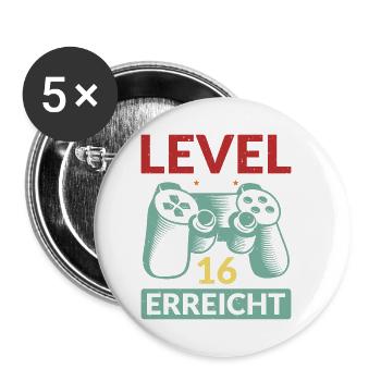 Level 16 Erreicht Gamer - Buttons klein 25 mm (5er Pack) - Weiß - Vorne