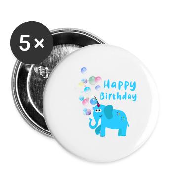 anniversaire hayppy, éléphant, bulles de savon - Lot de 5 petits badges (25 mm) - blanc - Devant