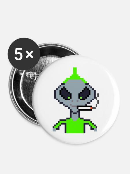 Pixel Alien "Smoking Iro" - Buttons klein 25 mm (5er Pack) - Weiß