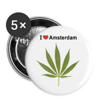 I love Amsterdam with canabise leaf - Buttons small 1''/25 mm (5-pack) - white - Front