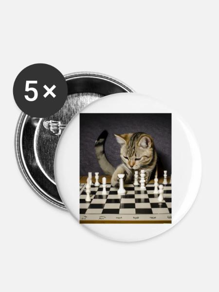 Katze spielt Schach - Buttons klein 25 mm (5er Pack) - Weiß