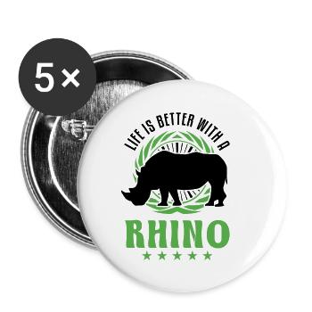 Life is better with a Rhino Rhinozeros Nashorn - Buttons klein 25 mm (5er Pack) - Weiß - Vorne