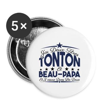 J'ai deux titres tonton et beau-papa Cadeau. - Lot de 5 petits badges (25 mm) - blanc - Devant