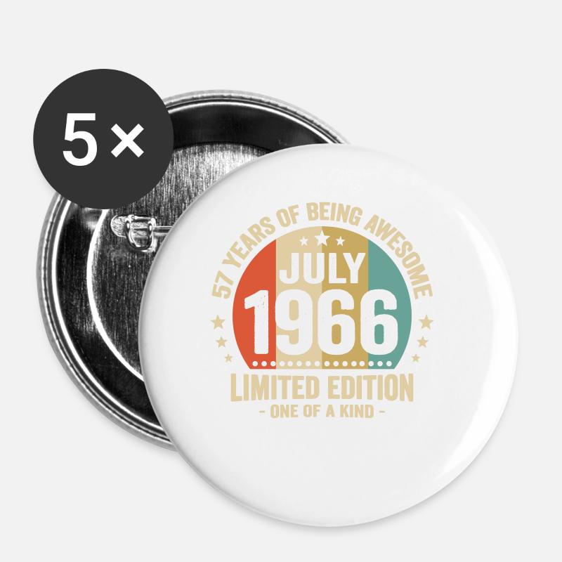 Juli 1966 57 Jahre Jubiläumsgeschenk - Buttons klein 25 mm (5er Pack) - Weiß