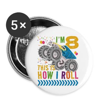 J’ai 8 ans, c’est comme ça que je roule | Monster Truck - Lot de 5 petits badges (25 mm) - blanc - Devant