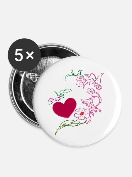 Blumenranke mit Herz - Buttons klein 25 mm (5er Pack) - Weiß
