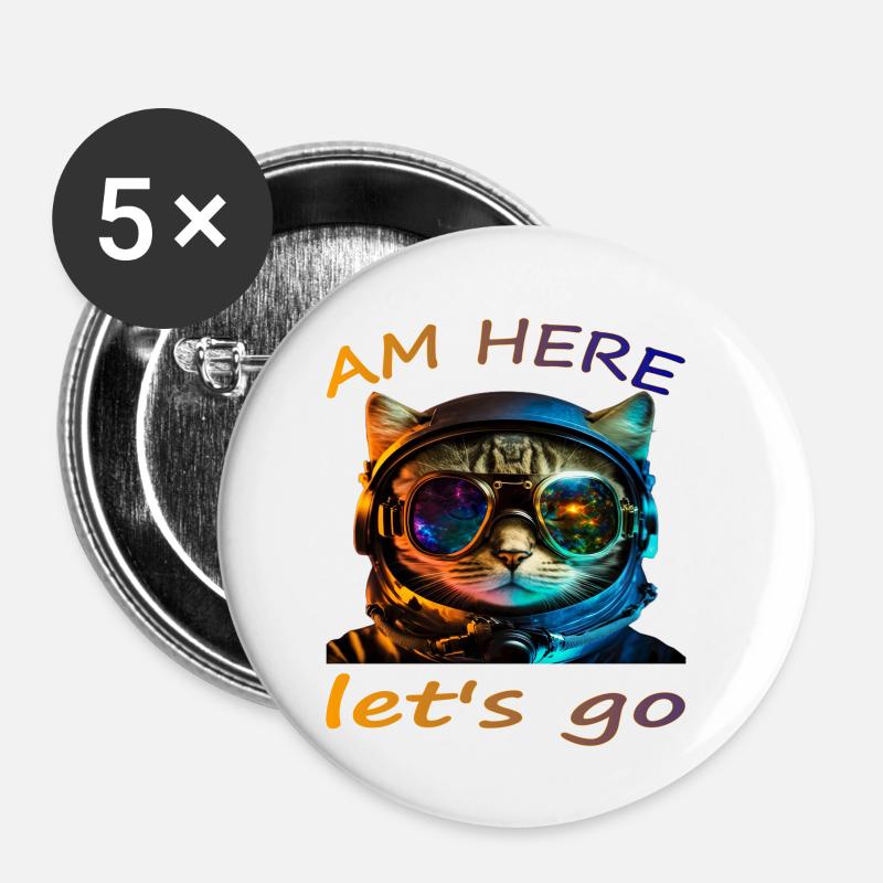 Cat Cosmonaut "I'm Here" - Buttons small 1''/25 mm (5-pack) - white