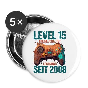 2008 Level 15 Jahre Gaming 15er 15 Geburtstag - Buttons klein 25 mm (5er Pack) - Weiß - Vorne